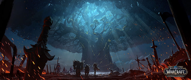 World of Warcraft, arte digital, digital, arte, fantasia, videogame, arte de videogame, personagens de videogame, arte de jogos, luzes, árvores, paisagem, azul, espada, HD papel de parede HD wallpaper