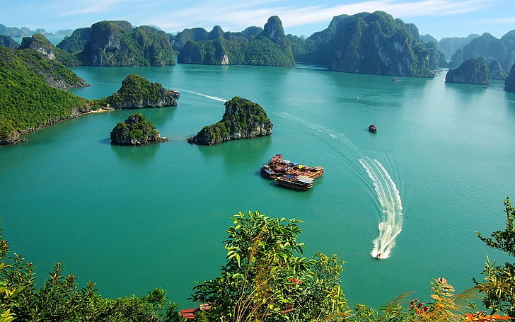 biała łódź motorowa, fotografia, natura, krajobraz, zatoka Ha Long, zatoka, morze, woda, łódź, Wietnam, tropikalny, wyspa, drzewa, statek, Tapety HD