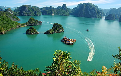 biała łódź motorowa, fotografia, natura, krajobraz, zatoka Ha Long, zatoka, morze, woda, łódź, Wietnam, tropikalny, wyspa, drzewa, statek, Tapety HD HD wallpaper
