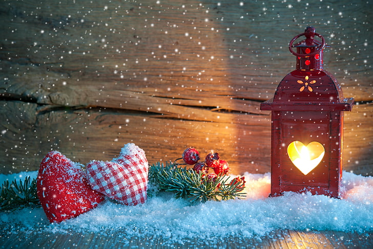 red steel lantern, snow, decoration, branch, Christmas, lantern, hearts, New year, HD wallpaper