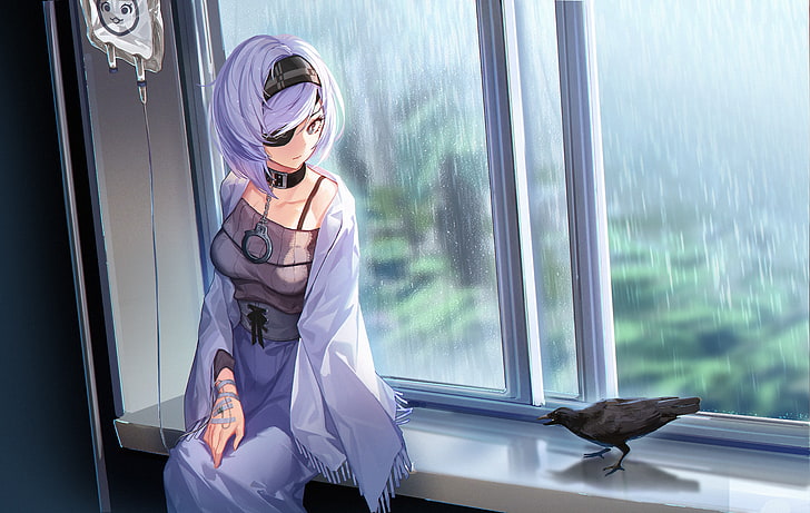 Illustrazione di carattere anime femminile dai capelli viola, sopravvivenza nera, sissela, animali, uccelli, occhi neri, bende sull'occhio, capelli corti, pioggia, Sfondo HD