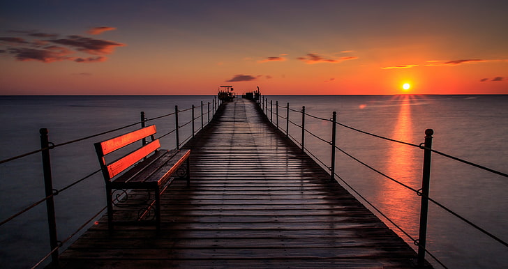 sea, sunset, nature, pier, bench, HD wallpaper
