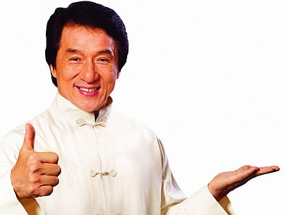 Jackie Chan, Jackie Chan, Schauspieler, weißer Anzug, Lächeln, HD-Hintergrundbild HD wallpaper