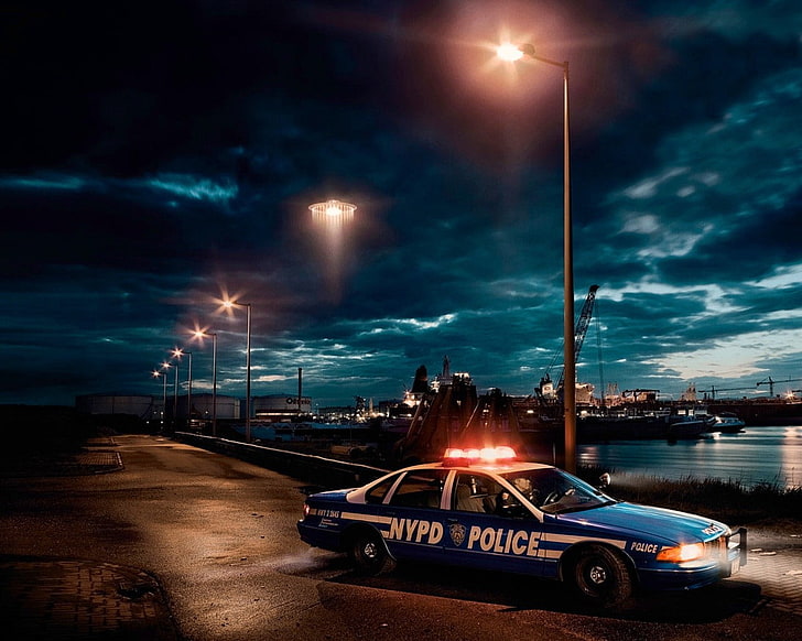 blue police car, auto, police, UFO, the evening, port, lights, HD wallpaper