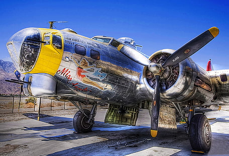 gray and yellow plane wallpaper, retro, the plane, Parking, fortress, bomber, American, Boeing, heavy, B-17, four-engine, Flying Fortress, metal, flying, HDR., Museum, HD wallpaper HD wallpaper