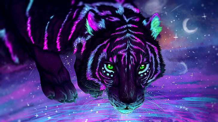 purple and black tiger HD wallpaper, digital art, tiger, stars, galaxy, HD wallpaper