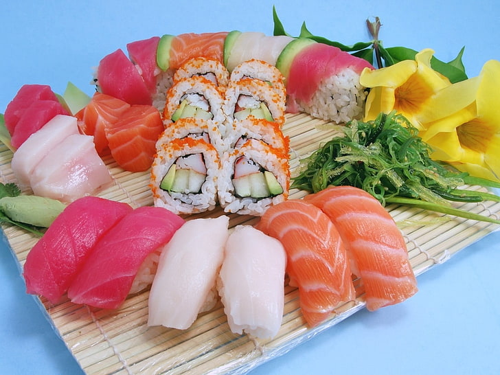 sushi food dishes, sushi, allsorts, fish, rice, HD wallpaper