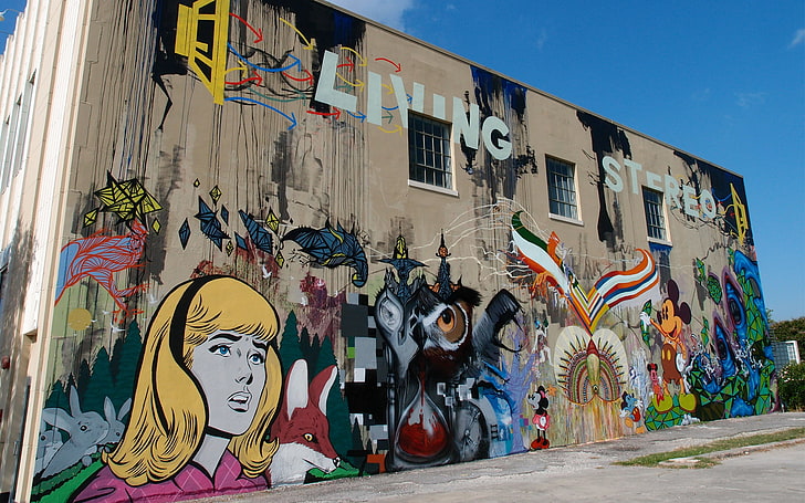 Living Stereo mural wall art, girl, the city, bird, the building, drawings, grafiti, Mickey mouse, HD wallpaper