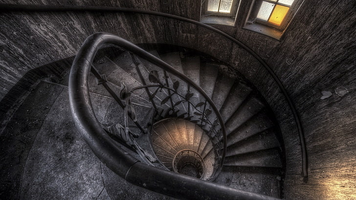 black helix spiral stairway wallpaper, stairs, building, architecture, interior, window, abandoned, staircase, HDR, house, HD wallpaper