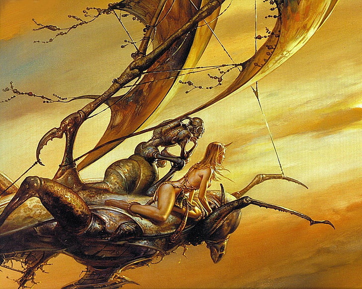 woman riding on insect painting, Boris Vallejo, HD wallpaper