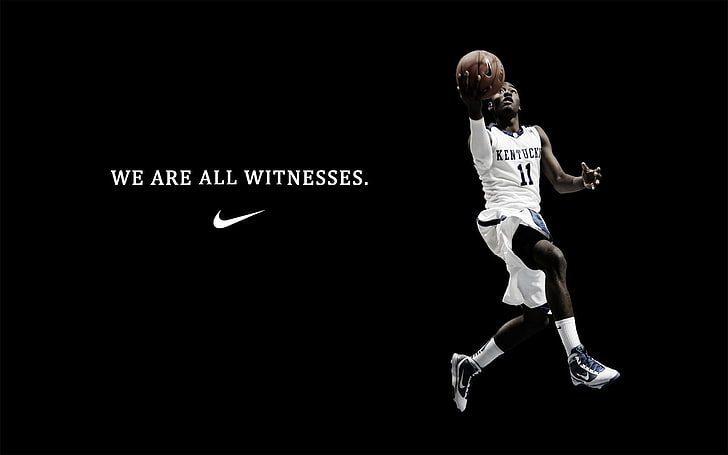 pair of white-and-blue Nike basketball shoes, basketball, guy, form, inscription, nike, advertizing, HD wallpaper