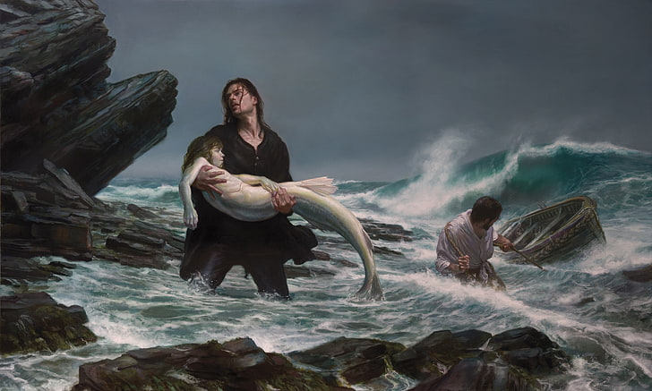 person carrying siren painting, sea, storm, mermaid, picture, fishermen, Donato Giancola, HD wallpaper