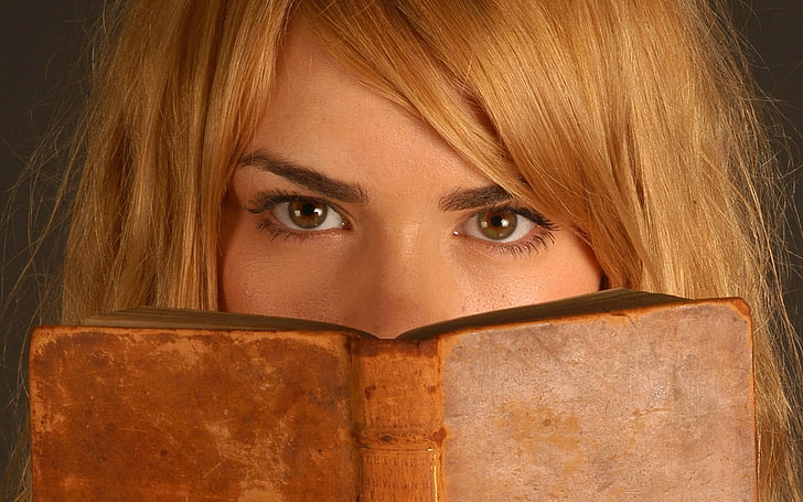 brown hardbound book, billie piper, girl, hair, face, eyes, book, HD wallpaper