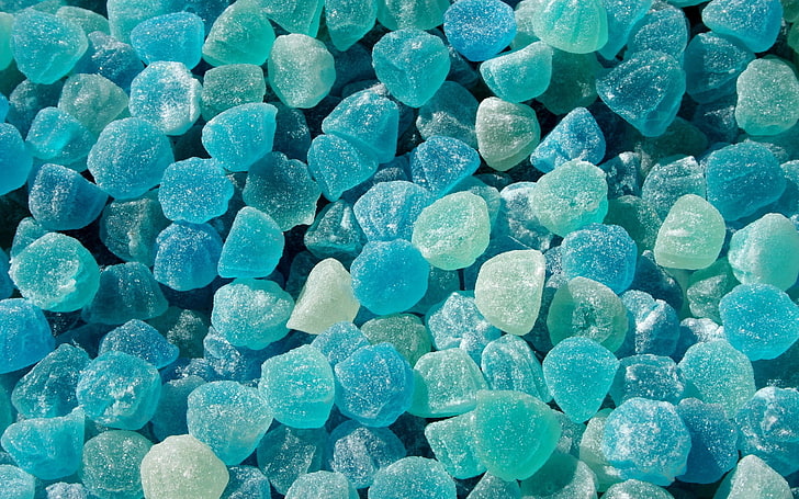 foto close-up dari sekelompok permen jeli, permen, permen, biru, gula, Wallpaper HD