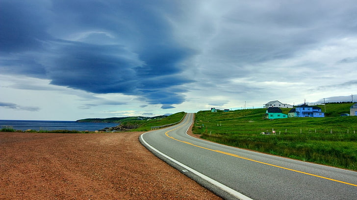 фотография с продължителна експозиция на облаци, природа, пейзаж, път, крайбрежие, къща, HD тапет