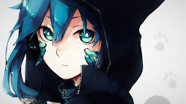 gadis anime, hoodie, rambut biru, close-up, Anime, Wallpaper HD