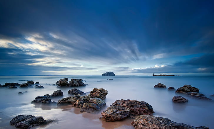 landscape, rocks, coast, long exposure, sea, island, HD wallpaper