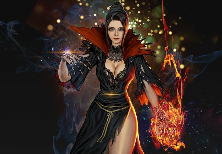 Fantasy, Sorceress, Black Hair, Fire, Girl, Magic, Purple Eyes, Woman, HD wallpaper