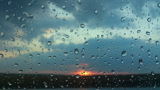 капли росы окна, закат, вода, вода на стекле, дождь, HD обои HD wallpaper