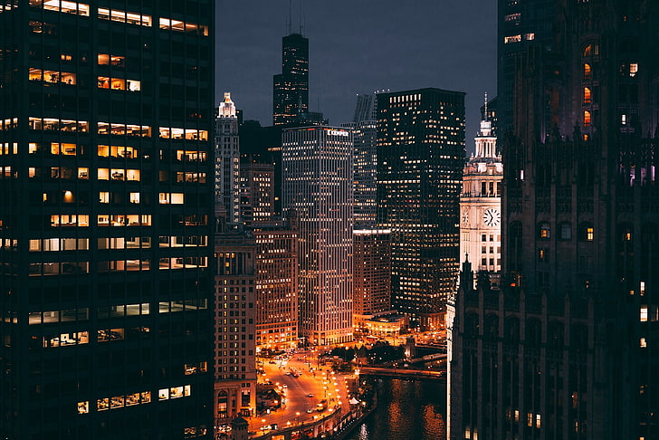 black high-rise buildings, night, the city, lights, building, USA, HD wallpaper