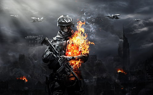 ilustracja mężczyzna trzymający karabin, gry wideo, Battlefield, Battlefield 3, ogień, wieżowiec, myśliwiec odrzutowy, samolot, samolot, zniszczenie, broń, wojsko, tłumiki, ciemność, dym, wojna, USA, armia, Tapety HD HD wallpaper