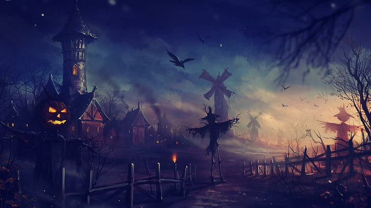 effrayant, halloween, corneilles, arbres, clôture, épouvantail, moulin à vent, citrouille, célébration, Fond d'écran HD