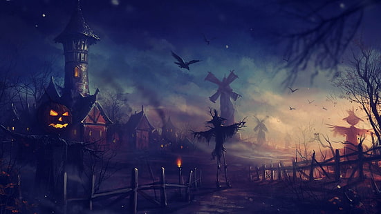 scary, halloween, crows, trees, fence, scarecrow, windmill, pumpkin, celebration, HD wallpaper HD wallpaper