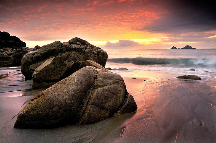 rock formation near wavy sea at sunset, Evening Light, Light  rock, rock formation, wavy, sea, sunset, Porth Nanven, Lands End, Cornwall, England, British  Isles, coast, colour, color, beach, islands, coastal, nature, coastline, rock - Object, landscape, scenics, outdoors, dusk, sunrise - Dawn, wave, water, beauty In Nature, sand, sky, summer, HD wallpaper