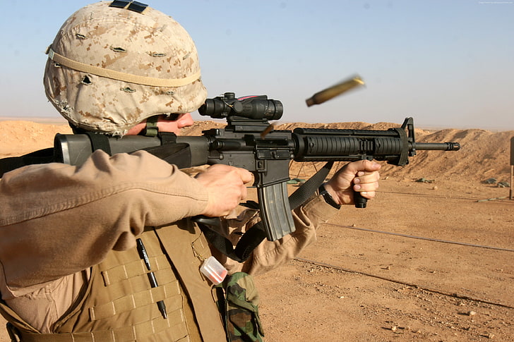 M16A1, M4A1, огонь, армия США, солдат, пустыня, винтовка M16, морской пехота США, HD обои