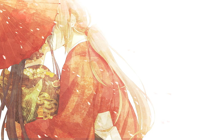 Kenshin Hemura и Kaoru Kamiya дигитални тапети, аниме, традиционни дрехи, целувки, чадър, Rurouni Kenshin, Himura Kenshin, Kamiya Kaoru, HD тапет