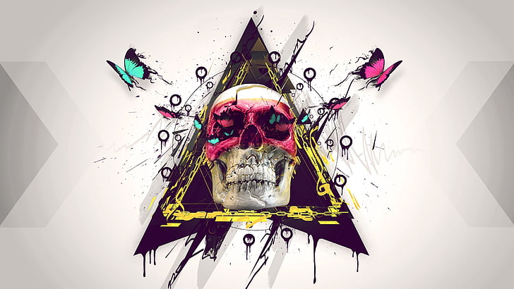 pink and white skull illustration, skull, paint, butterfly, triangle, HD wallpaper