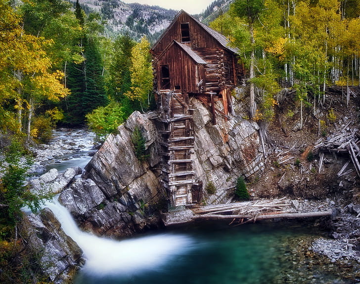 brown wooden cabin on cliff, crystal mill, crystal mill, Crystal Mill, Fall, cabin, cliff, Colorado, Aspen, Old  Mill  Crystal, Water, Compressor, scenic, nikon  d7000, HDR, nature, forest, river, tree, mountain, waterfall, landscape, stream, HD wallpaper