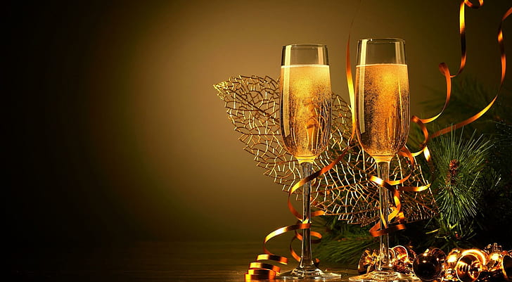 * Cheers! *, ribbon, romantic, happy new year, beautiful, glasses, champagne, celebrate, golden, cheers, holiday, HD wallpaper