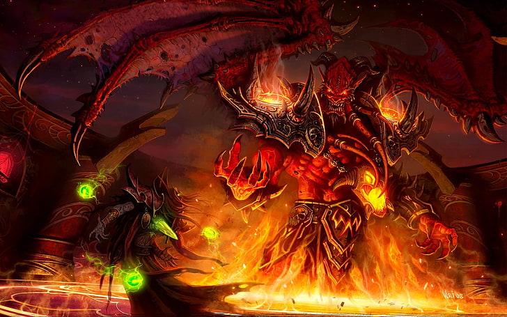demone sul lago di lava illustrazione, World of Warcraft, demone, opere d'arte, videogiochi, Kil'jaeden, fantasy art, Kael'thas, Sfondo HD