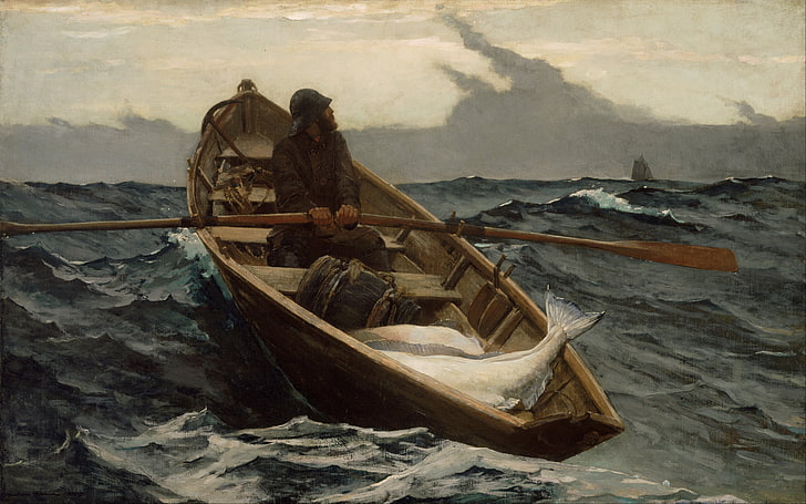 łódź, Winslow Homer, dzieło sztuki, morze, mgła, Tapety HD