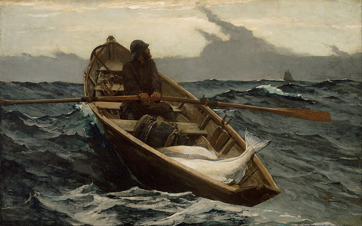 Уинслоу Гомер, лодка, произведение искусства, море, туман, HD обои