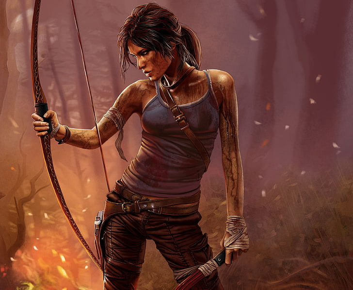 female character holding arrow, girl, face, weapons, the game, bow, dirt, the fire, profile, Tomb Raider, Lara Croft, HD wallpaper
