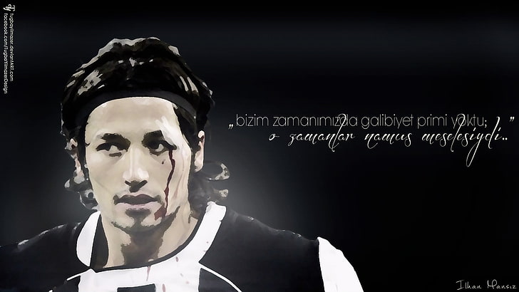 painting of man with text overlay, Besiktas J.K., footballers, soccer, Ilhan Mansiz, soccer pitches, HD wallpaper
