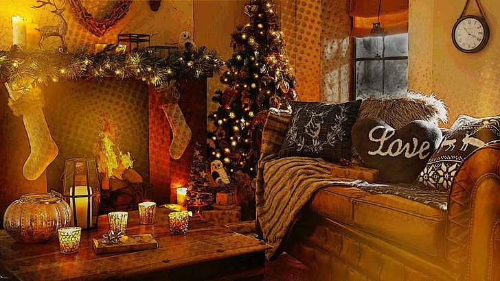 Albero di Natale, divano, camino e tavolino, camino, luci, alberi, fuoco, Sfondo HD