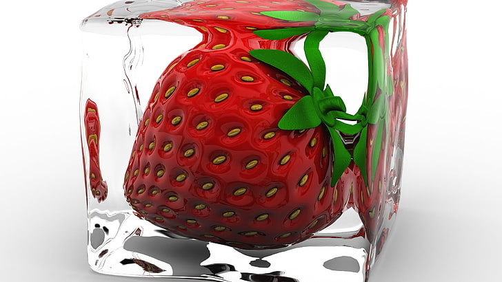 strawberry fruit decor, food, strawberries, ice cubes, ice, HD wallpaper