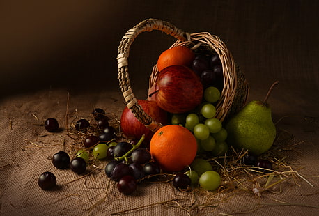 Mat, stilleben, äpple, korg, frukt, druvor, päron, HD tapet HD wallpaper