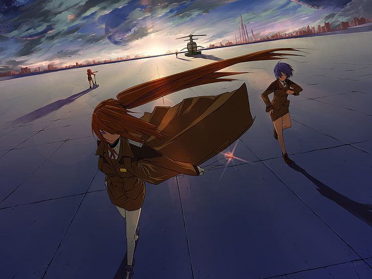 brown haired girl anime character illustration, the sky, the city, the wind, building, Girls, amulet, cloak, HD wallpaper