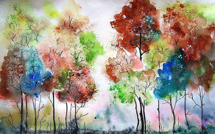 Watercolor painting, trees, colors, Watercolor, Painting, Trees, Colors, HD wallpaper