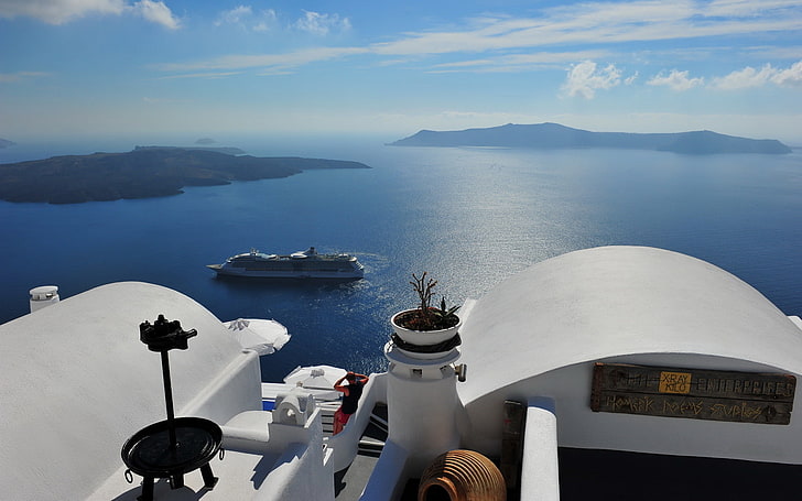 greece, panorama, santorini, sea, ship, view, HD wallpaper