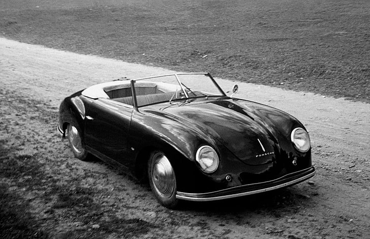 Coupe convertible negro vintage, coche viejo, monocromo, Porsche 356, Porsche, coche, vehículo, Fondo de pantalla HD