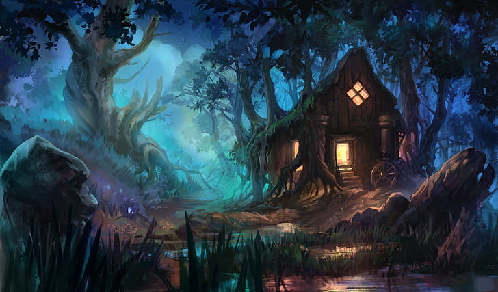 Fantasía, casa, bosque, noche, Fondo de pantalla HD