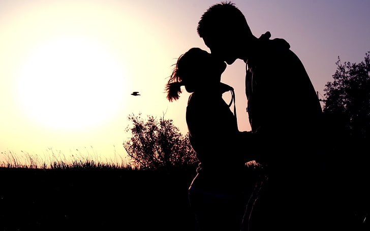 silhouette of man and woman, love, kissing, couple, silhouette, men, HD wallpaper