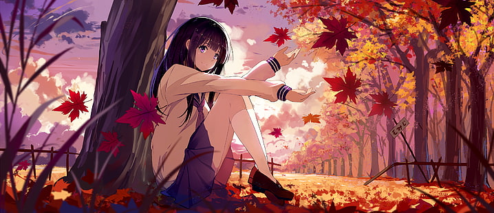 Hyouka, Chitanda Eru, cabelo preto, olhos roxos, outono, folhas, HD papel de parede HD wallpaper