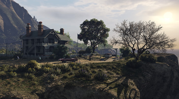 GTA V, mansion near bare tree wallpaper, Games, Grand Theft Auto, gtav, game, pc, realistic, epic, HD wallpaper