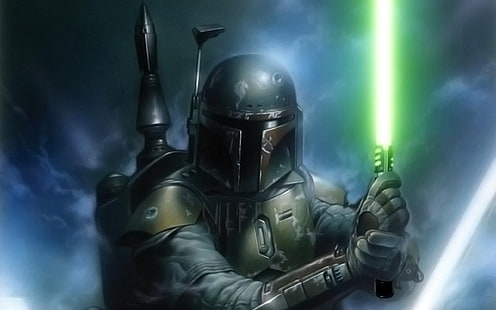 mężczyzna w szarym garniturze trzymający zieloną szablę, Star Wars, Boba Fett, miecz świetlny, Tapety HD HD wallpaper